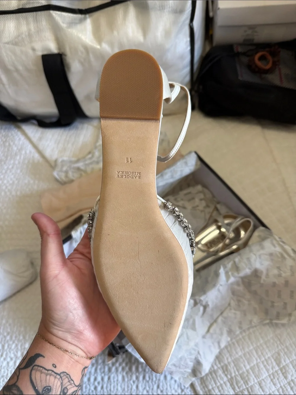 Badgley Mischka White Crystal-Embellished Pointed-Toe Slingback Flats